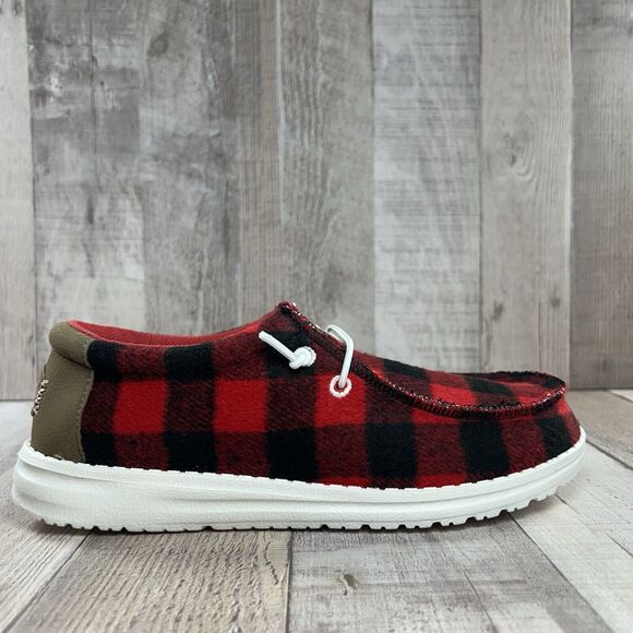 Hey Dude Wally Youth Size 2 Buffalo Plaid Slip On Loafer Sneaker Shoes Red Black - Picture 7 of 11